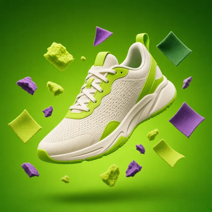 Product launch creative - lime and cream sneaker floating among colourful fabric swatches