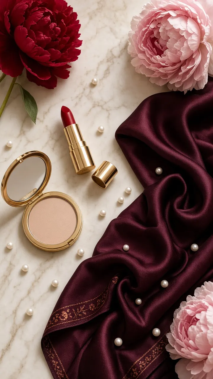 Social media story - lipstick, gold compact, silk scarf and peonies on marble