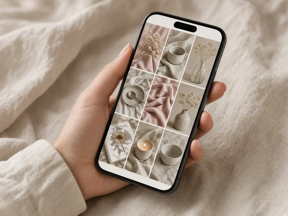 A phone showing a neat but forgettable grid of similar pastel product photos